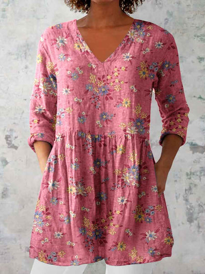 Women's Elegant Floral Pattern Round Neck Cotton and Linen Top