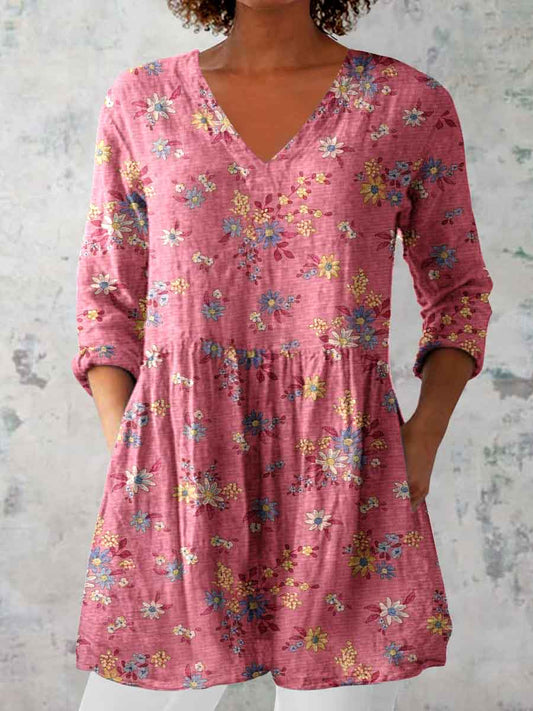 Women's Elegant Floral Pattern Round Neck Cotton and Linen Top