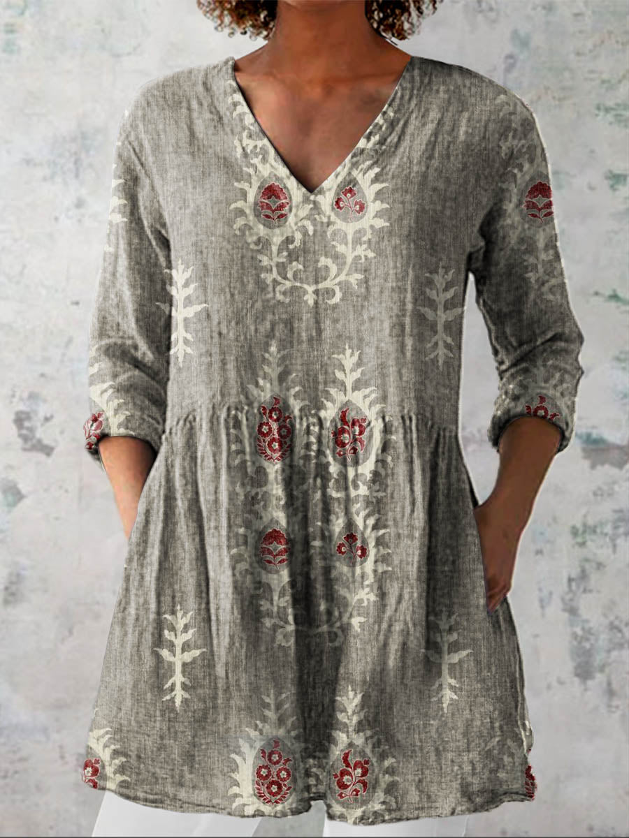 Women's Vintage Ethnic Pattern Art Print Casual Linen V-neck Shirt