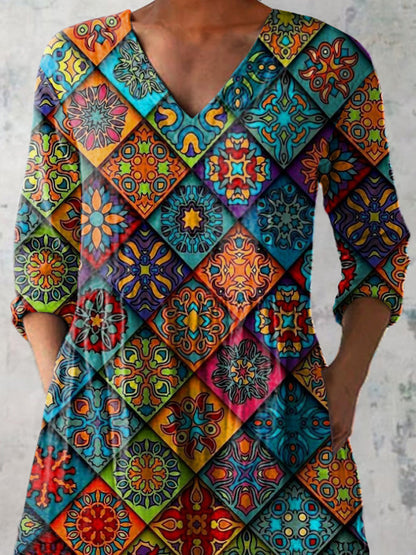 Mediterranean Style Geometric Pattern Printed Women's Casual Linen V-Neck Shirt