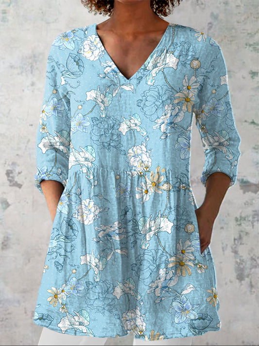 Women's  Vintage Pastoral  Flowers Art  Print Casual Linen V-neck Shirt