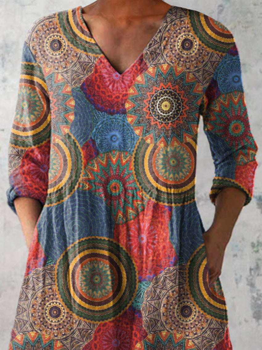 Boho Style Compass Pattern Printed Women's Casual Linen V-Neck Shirt