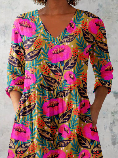 Women's Elegant Floral Pattern Cotton and Linen Top