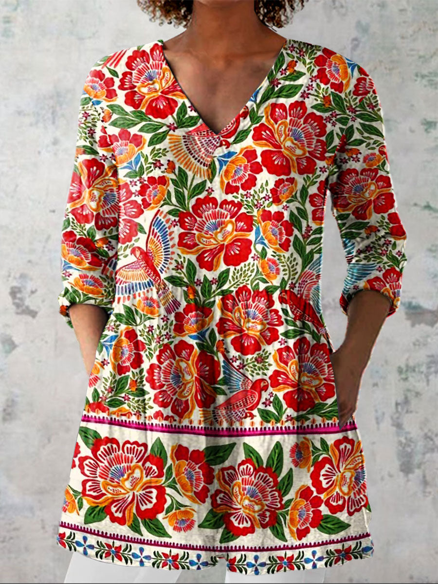 Women's Vintage Flowers Art Print Casual Linen V-neck Shirt