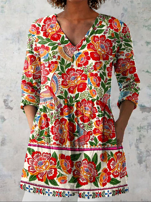 Women's Vintage Flowers Art Print Casual Linen V-neck Shirt