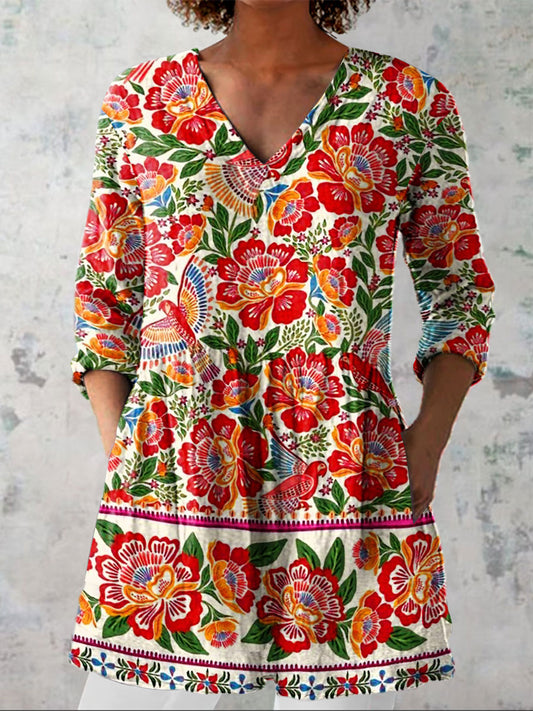Women's Vintage Flowers Art Print Casual Linen V-neck Shirt