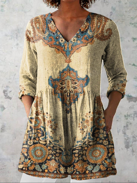 Women's Vintage Floral Art Print Casual Cotton Linen V-neck Shirt