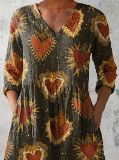 Retro Heart Repeat Pattern Printed Women's Casual Linen V-Neck Shirt