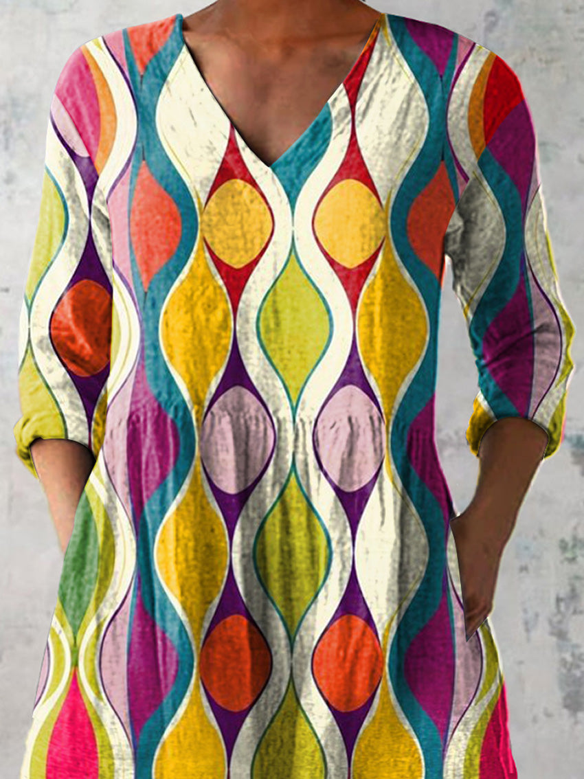 Abstract Geometric Pattern Printed Women's Casual Linen V-Neck Shirt