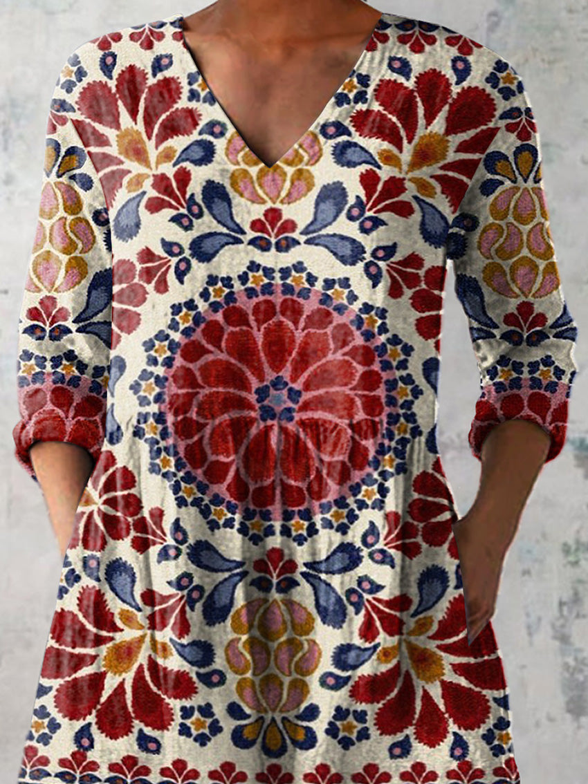 Vintage Ethnic Pattern Printed Women's Casual Linen V-Neck Shirt
