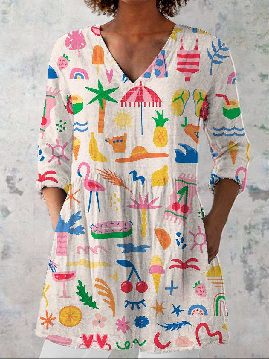 Lovely Summer Vacation Pattern Printed Women's Casual Linen V-Neck Shirt