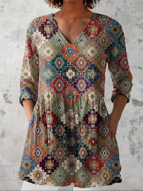 Vintage Ethnic Pattern Printed Women's Casual Linen V-Neck Shirt