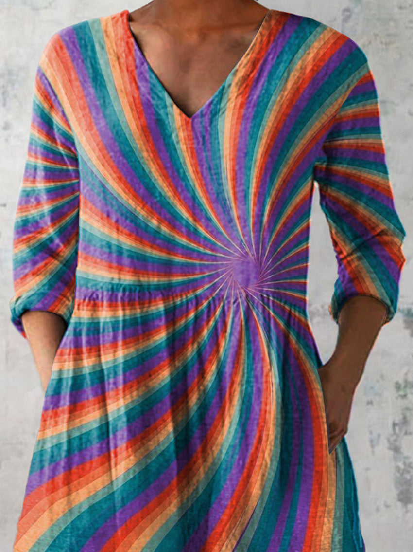 Multicolor Swirl Pattern Printed Women's Casual Linen V-Neck Shirt
