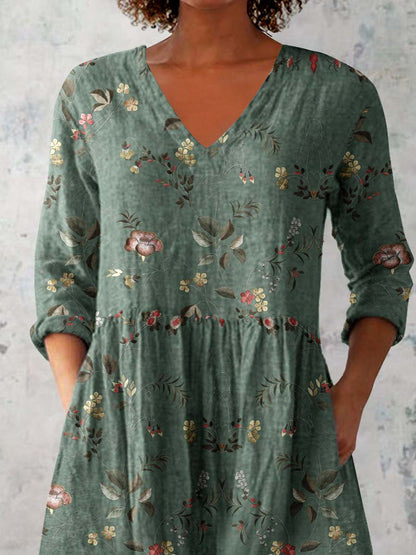 Women's Classic Round Neck Floral Pattern Cotton and Linen Top