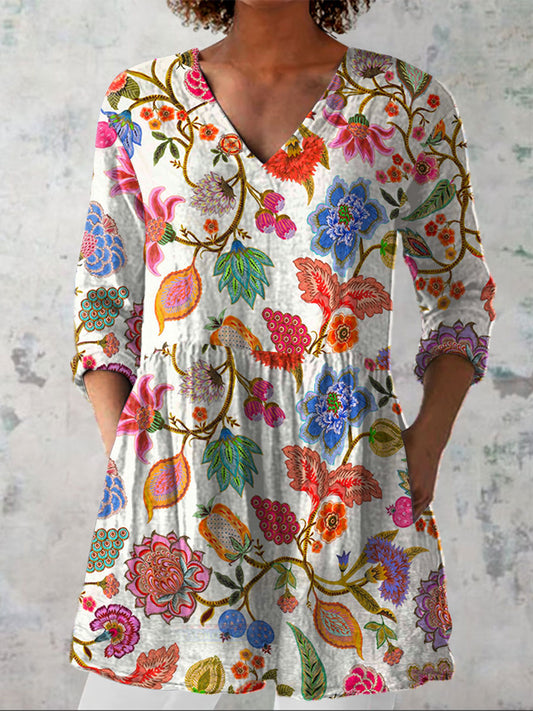 Women's  Vintage Floral Print Casual Linen V-neck Shirt