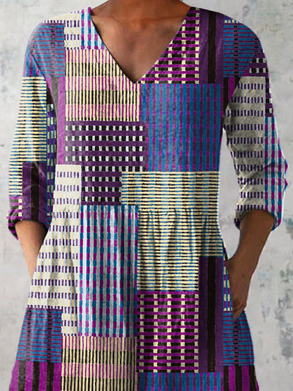 Geometric Architecture Pattern Printed Women's Casual Linen V-Neck Shirt