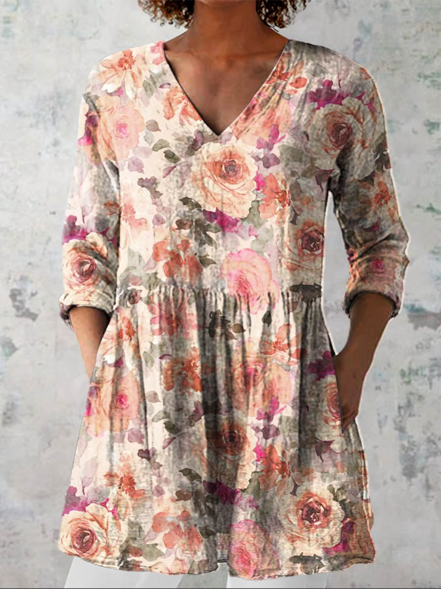 Women's Vintage Floral Art Print Casual Cotton Linen V-neck Shirt