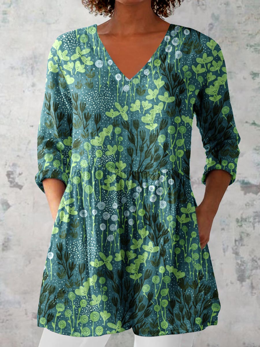 Women's Elegant Art Floral Print V-Neck Cotton and Linen Top