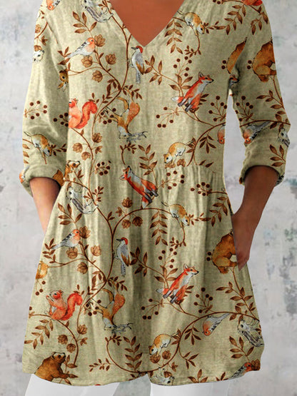 Women's Elegant Floral Pattern Cotton and Linen Top