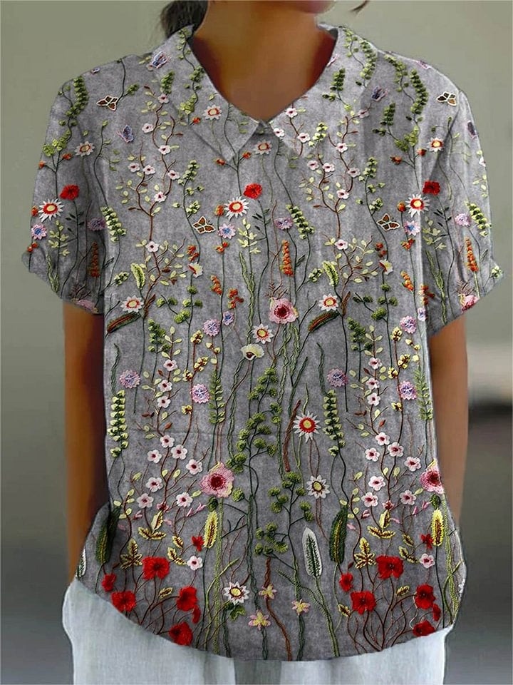 Women's Vintage Floral Art Print Casual Cotton Linen V-neck Shirt