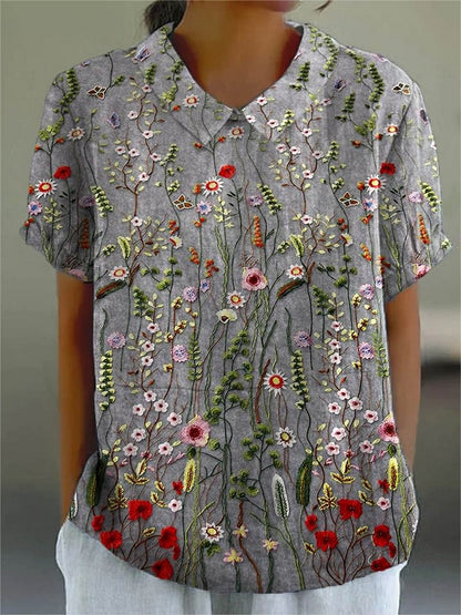 Women's Vintage Floral Art Print Casual Cotton Linen V-neck Shirt