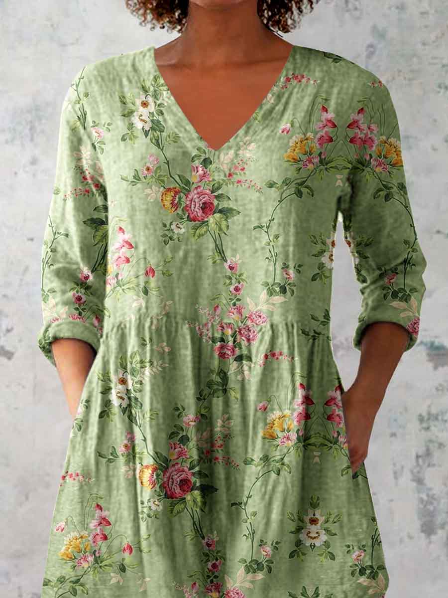 Women's Elegant Floral Pattern Round Neck Cotton and Linen Top