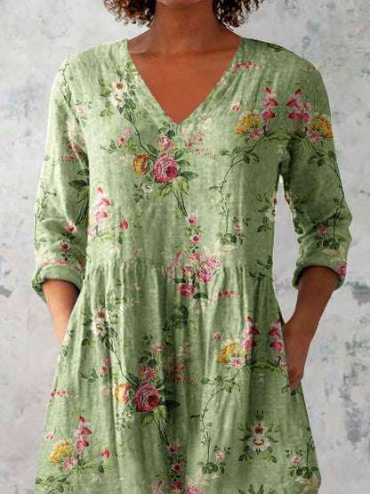 Women's Elegant Floral Pattern Round Neck Cotton and Linen Top