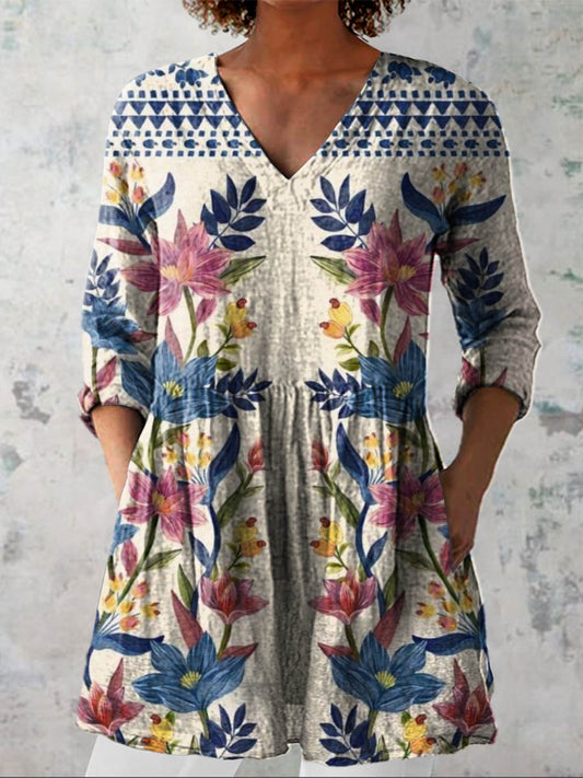 Women's Vintage Lovely Floral Art Print Casual Linen V-neck Shirt