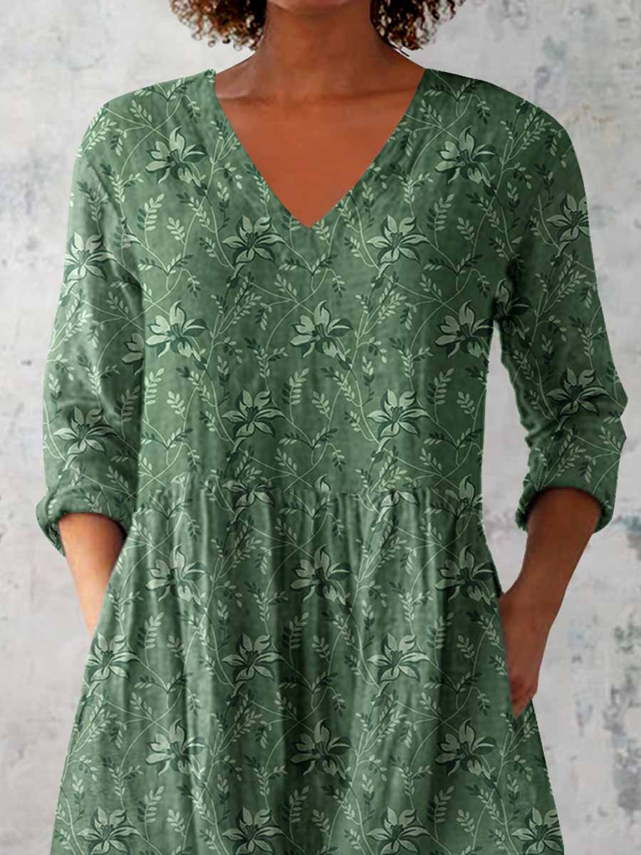 Women's Elegant Floral Pattern Round Neck Cotton and Linen Top