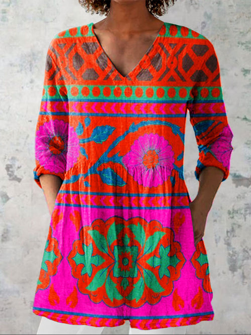 Women's Vintage Flower Geometric Pattern Art Print Casual Linen V-neck Shirt