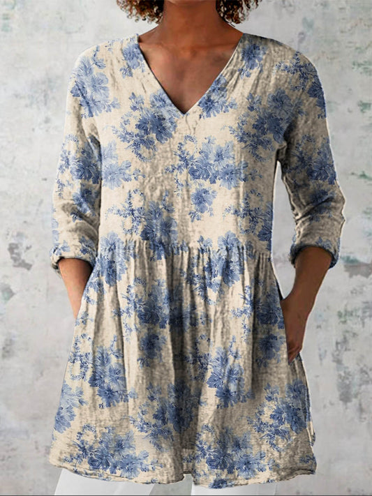 Women's Vintage Lovely Floral Art Print Casual Cotton Linen V-neck Shirt
