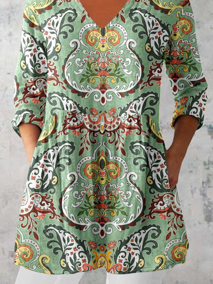 Women's Classic Retro Round Neck Floral Pattern Cotton and Linen Top