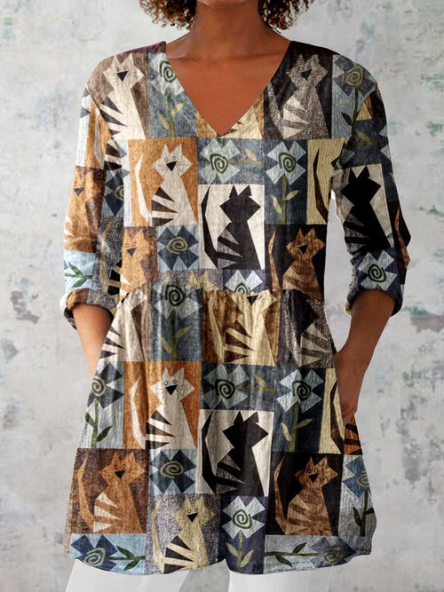 Women's Art Geometric Cat Print V-Neck Cotton and Linen Top