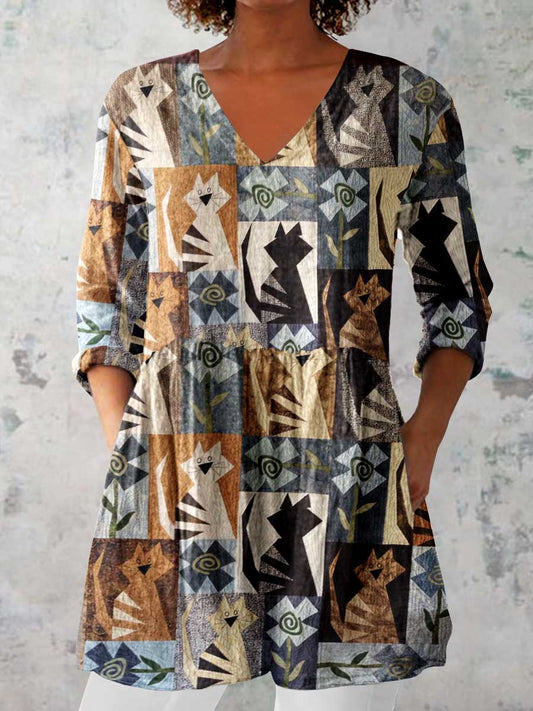 Women's Art Geometric Cat Print V-Neck Cotton and Linen Top