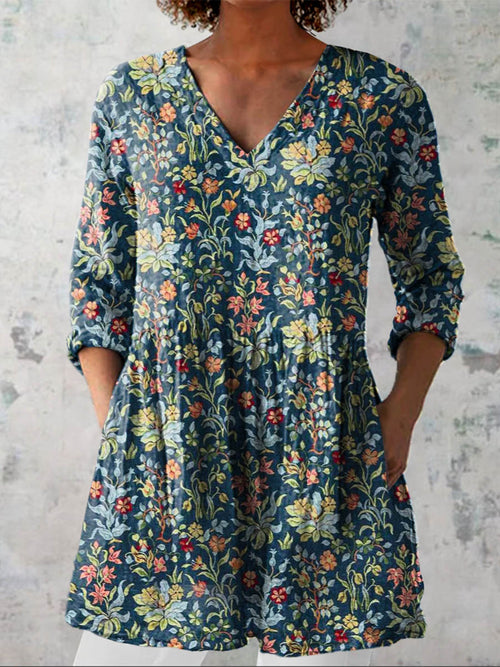 Women's Vintage Floral Art Print Casual Cotton Linen V-neck Shirt