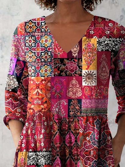 Women's Retro Floral Art Print Casual Cotton And Linen V-neck Top