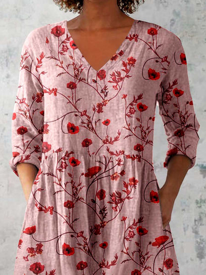 Women's Elegant Floral Print Linen Crew Neck Top