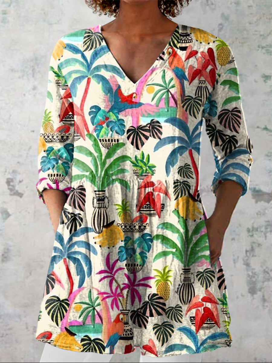 Playful Summer Vacation Pattern Printed Women's Casual Linen V-Neck Shirt