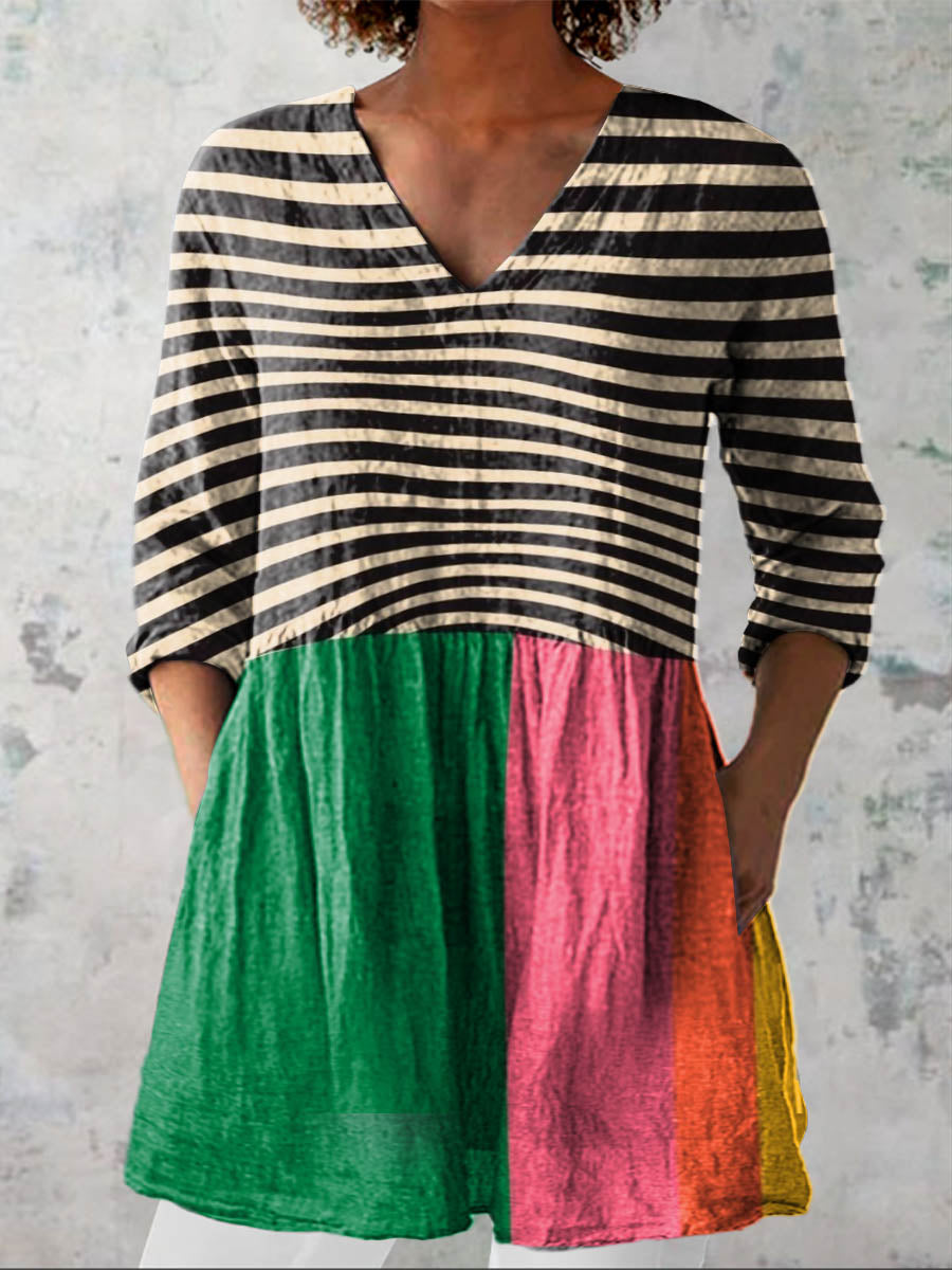 Women's Geometric Line Pattern Art Print Casual Cotton Linen V-neck Shirt