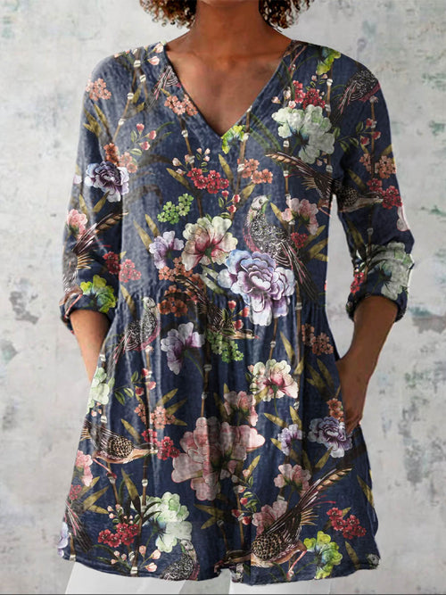 Women's Vintage Lovely Floral Art Print Casual Linen V-neck Shirt