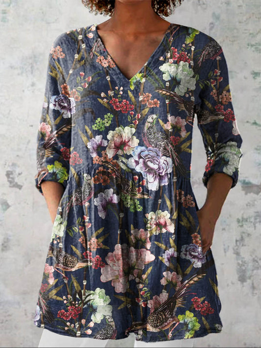 Women's Vintage Lovely Floral Art Print Casual Linen V-neck Shirt