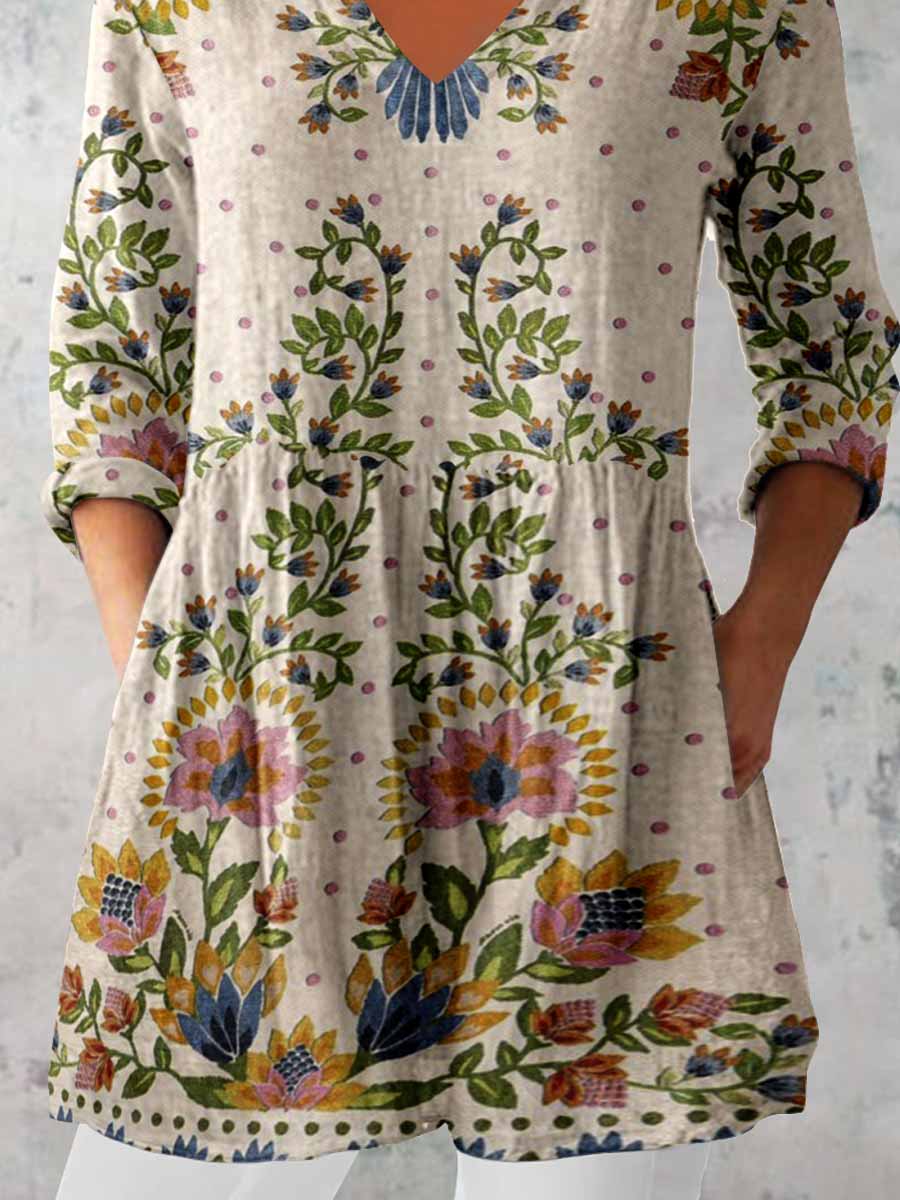 Women's Elegant Floral Print V-Neck Cotton and Linen Top