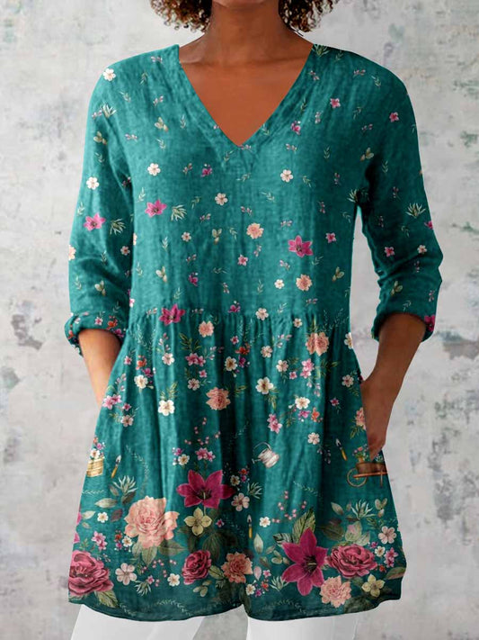 Women's Elegant Floral Round Neck Cotton and Linen Top
