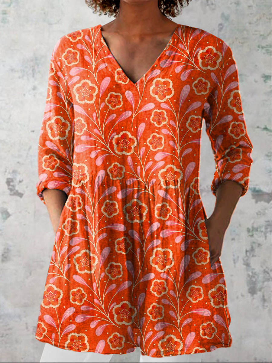 Watercolor Summer Floral Pattern Printed Women's Casual Linen V-Neck Shirt