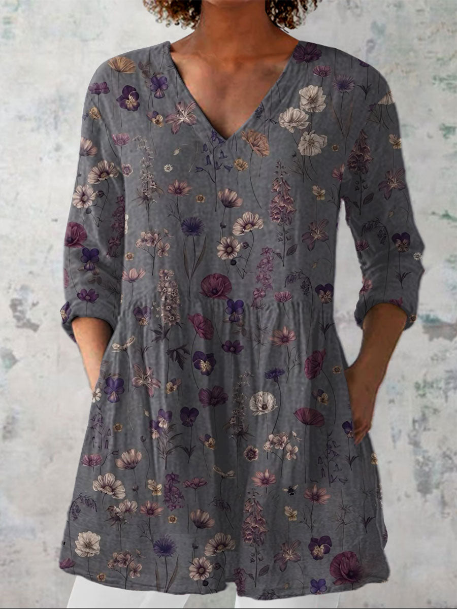 Women's  Flowers Art  Print Casual Linen V-neck Shirt