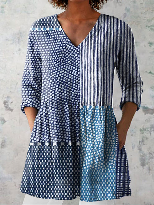 Women's Retro Polka Dot Art Print Casual Linen V-neck Shirt