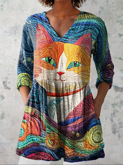 Women's Lovely Cat Pattern Art Print Casual Cotton Linen V-neck Shirt