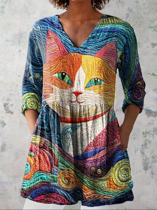 Women's Lovely Cat Pattern Art Print Casual Cotton Linen V-neck Shirt