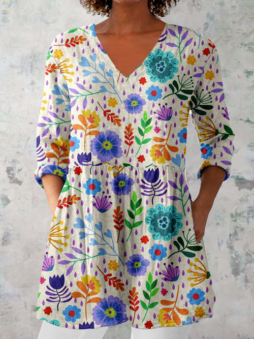 Women's Elegant Floral Print Pattern Cotton and Linen Top