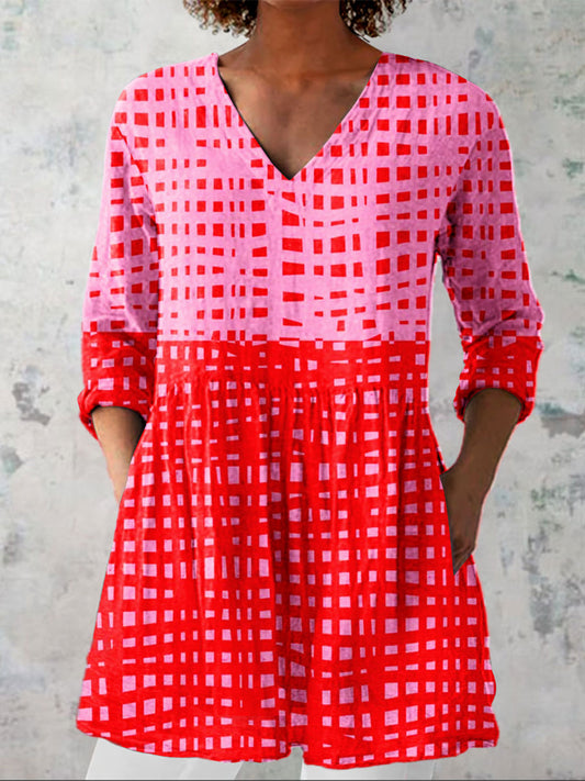 Women's Vintage Bright Colorful Geometric Pattern Art Print Casual Linen V-neck Shirt